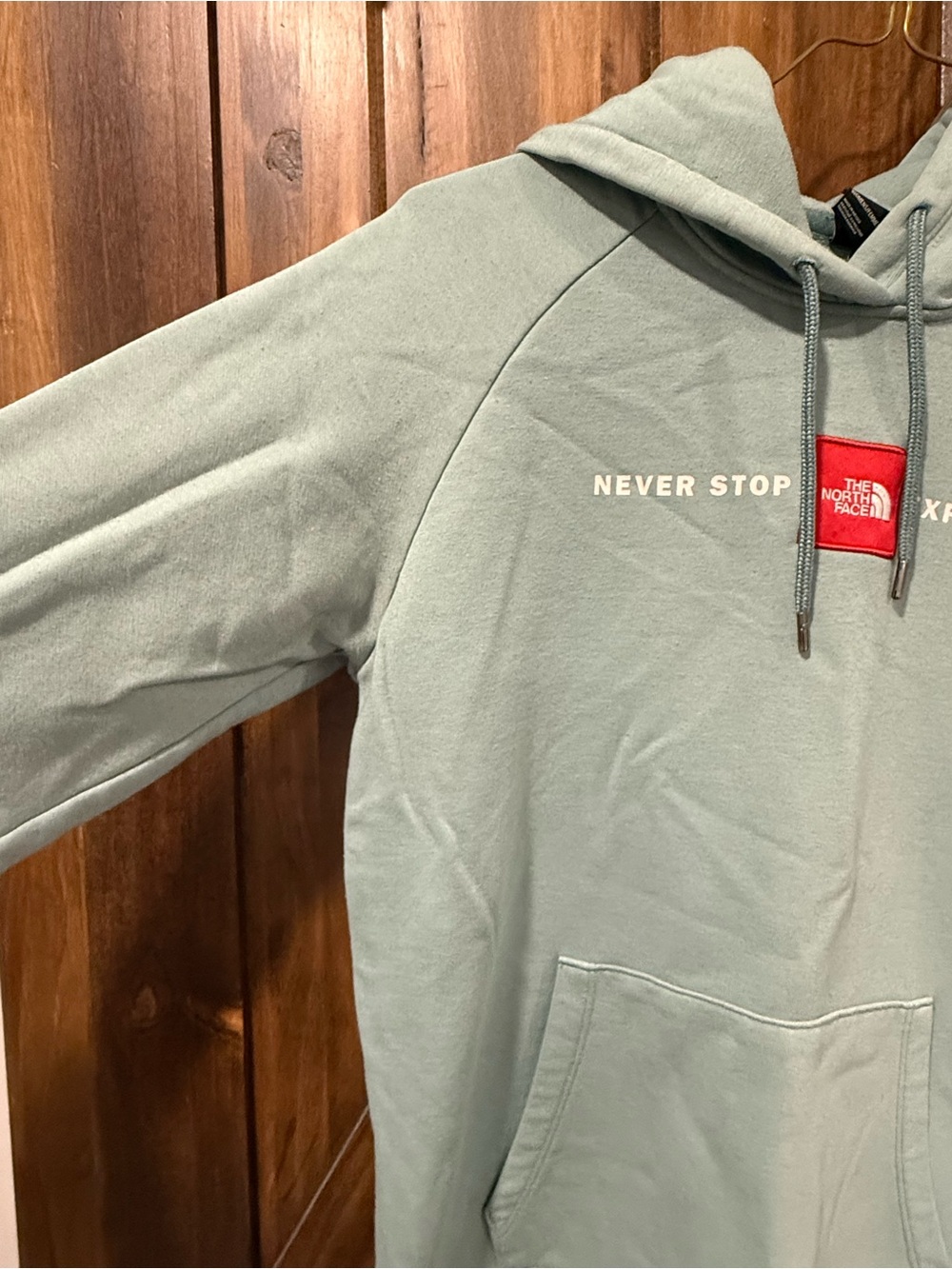 The North Face light Teal- Green Hoodie with Red Logo Patch - Picture 2 of 7